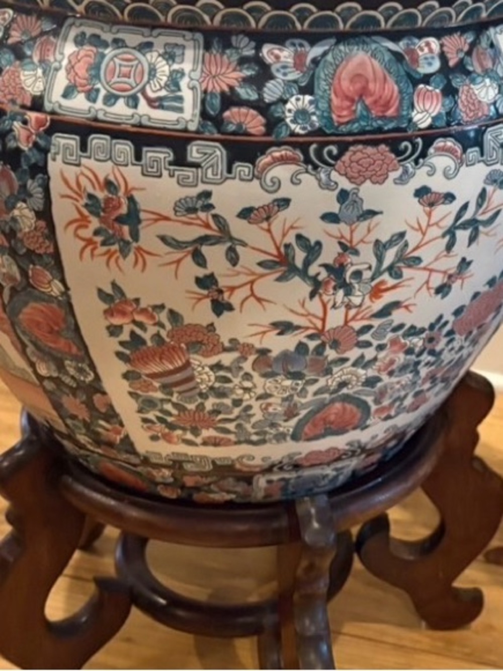Decorative Floral Ceramic Fishbowl Planter - Coral and Teal